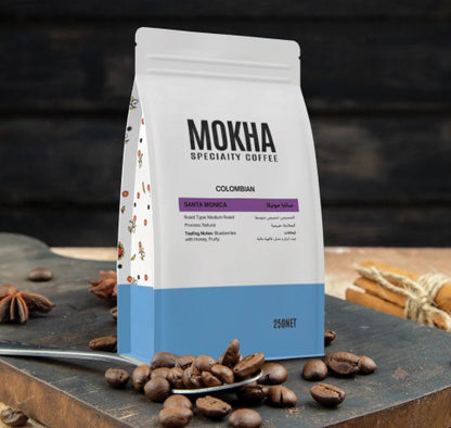 قهوة سانتا مونيكا الكولومبية 250 غرام - قهوة موكا خاصة (تحميص متوسط، معالجة طبيعية) | نكهات التوت الأزرق والعسل