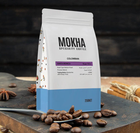 قهوة سانتا مونيكا الكولومبية 250 غرام - قهوة موكا خاصة (تحميص متوسط، معالجة طبيعية) | نكهات التوت الأزرق والعسل